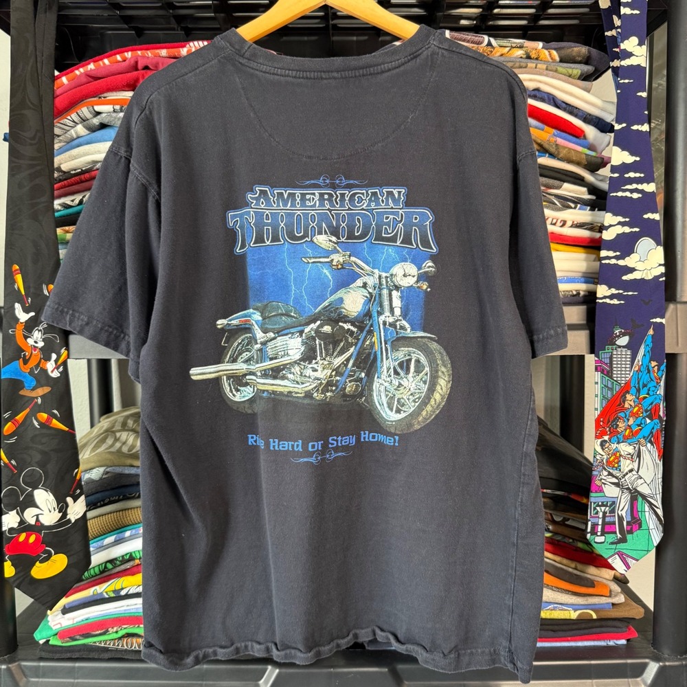 Vintage Black American Thunder Biker Graphic T-Shirt Size XL Light Marks